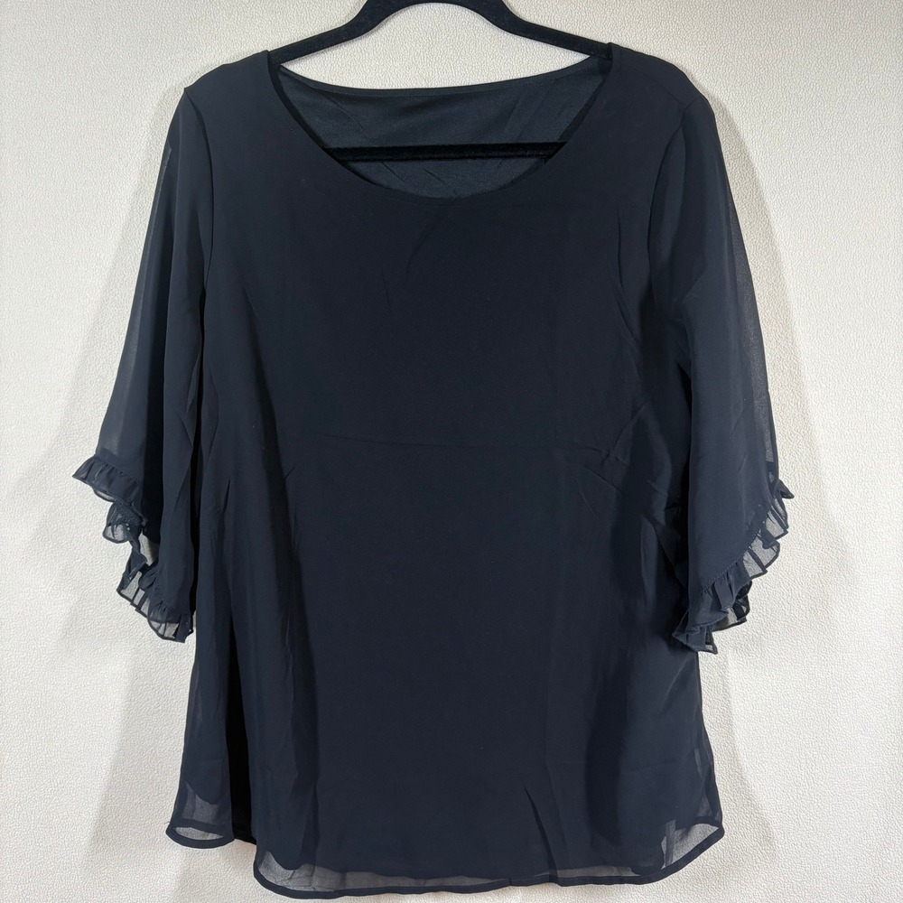 Dressin‎ Womens Blouse L Black Bell Ruffle 3/4 Sheer Sleeve Career Classic Layer